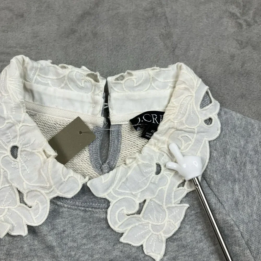 J Crew Eyelet Collar Sweatshirt Womens XS Gray Heritage Terry Puff Sleeve CS610